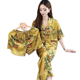 睡衣夏季女士冰丝2025年新款短袖三件套新中式高档家居服套装