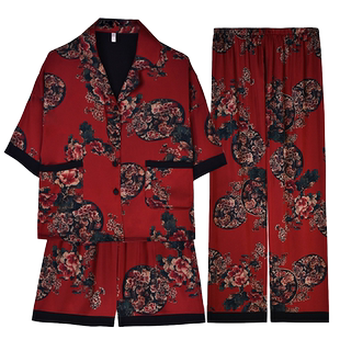 冰丝睡衣女款夏季短袖短裤仿真丝绸红色家居服2025新款轻奢三件套