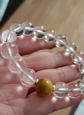 天然白水晶加金黄虎睛石手链12MM17颗补金补土男生款2024年