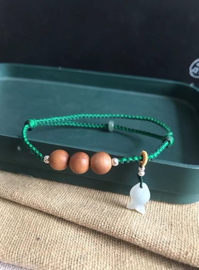 老山檀8MM加翡翠小鱼 木珠五行补木可调节手链