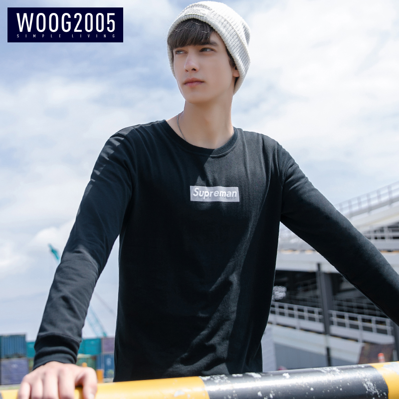 WOOG2005ÄÐÊ¿ºÚɫԲÁìtÐô 2018Çï¼¾³±Á÷Ó¡»¨´òµ×ÉÏÒ´¿ÃÞ³¤ÐäÌåÐô
