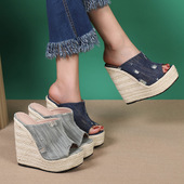 15厘米超高跟坡跟凉拖鞋 牛仔布草编麻绳底凉鞋 女2025夏季 外贸大码