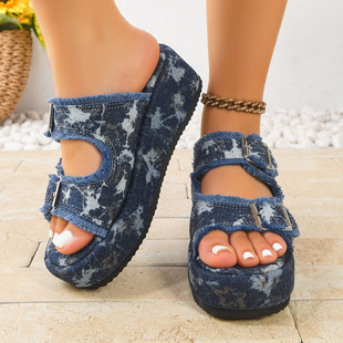 牛仔布带扣一脚蹬外穿厚底罗马凉鞋 女2026夏季 坡跟凉拖鞋 跨境大码