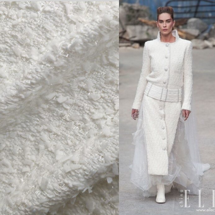 定制 纯白花式纱银丝粗花呢 小香风布料 外套裙子编织面料