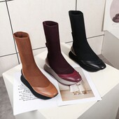 超值热卖 2025秋冬拼接休闲运动风圆头厚底增高平跟飞织女短靴旗帜