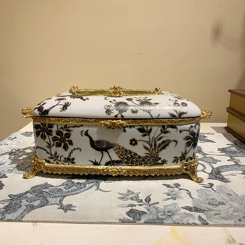 陶瓷配铜纸巾盒 客厅茶几高温陶瓷手绘抽纸盒 美式家居软装饰品