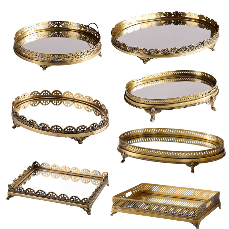 美式家居全铜镜面托配干果盘水果盘摆件 镶铜别墅软装奢华工艺品