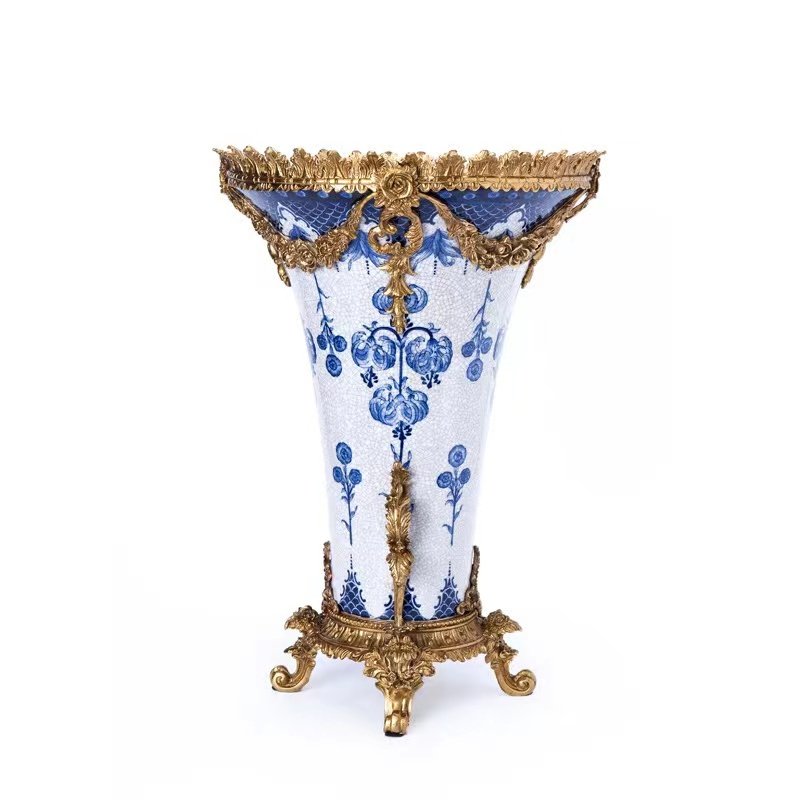 美式古典陶瓷配铜客厅茶几花瓶花插高端奢华室内软装饰品镶铜摆件