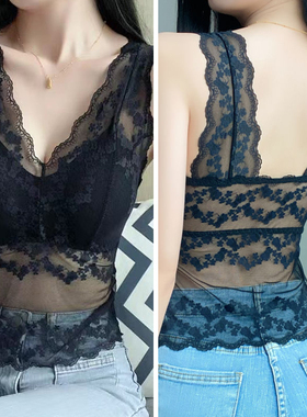女带胸垫背心镂空上衣爆款蕾丝美背吊带免穿文胸内衣时尚性感网红
