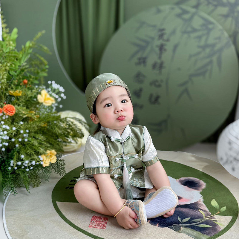一周岁礼服男宝宝生日抓周服春夏分体唐装百天宴婴儿中式衣服绿色