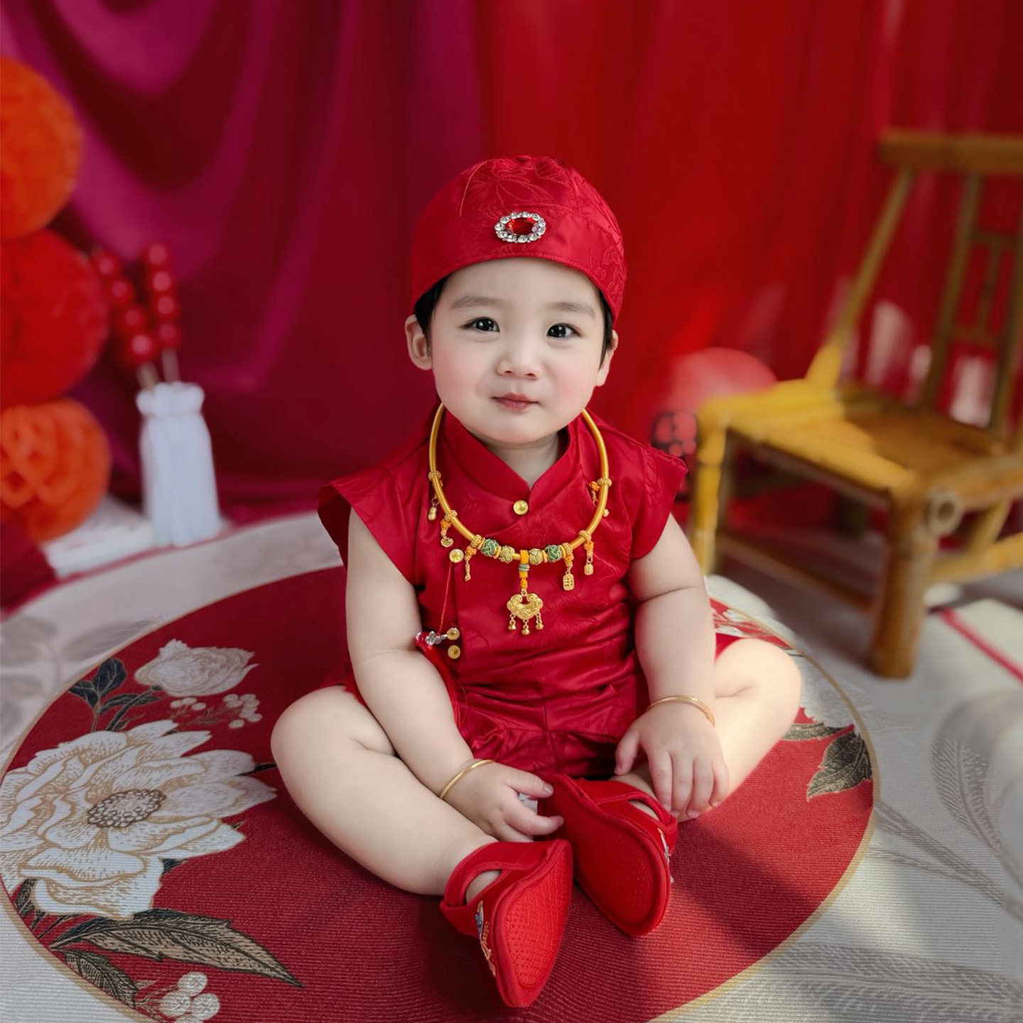 周岁男宝宝礼服夏中式抓周服真丝女童唐装百天婴儿喜庆红色套装