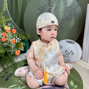 周岁礼服男宝宝夏季薄款中式男童唐装马甲套装百天生日婴儿抓周服