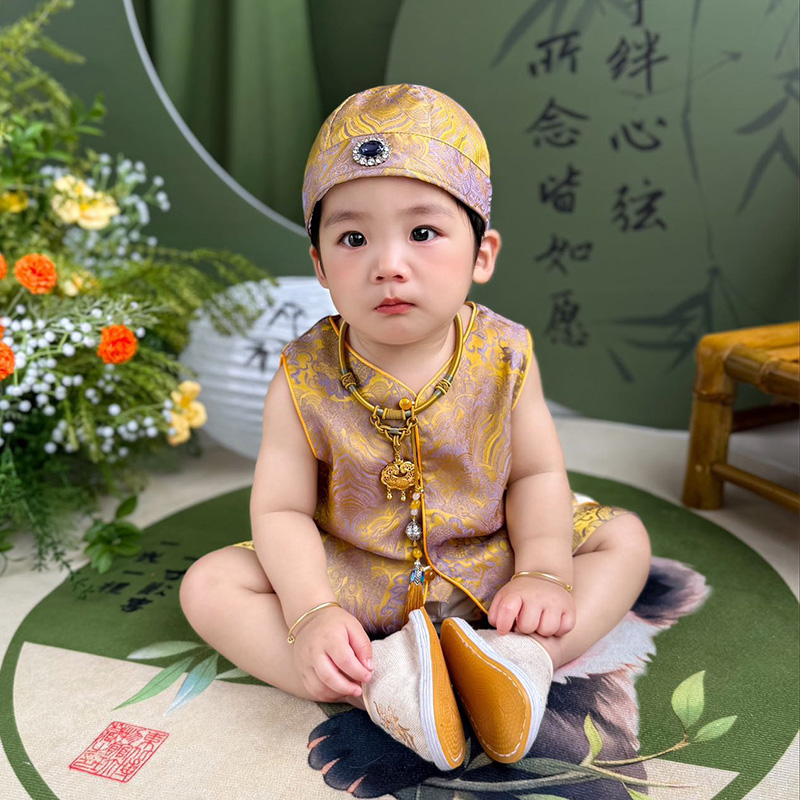 男宝宝抓周服夏季薄款唐装婴儿中式礼服中国风衣服背心马甲套装