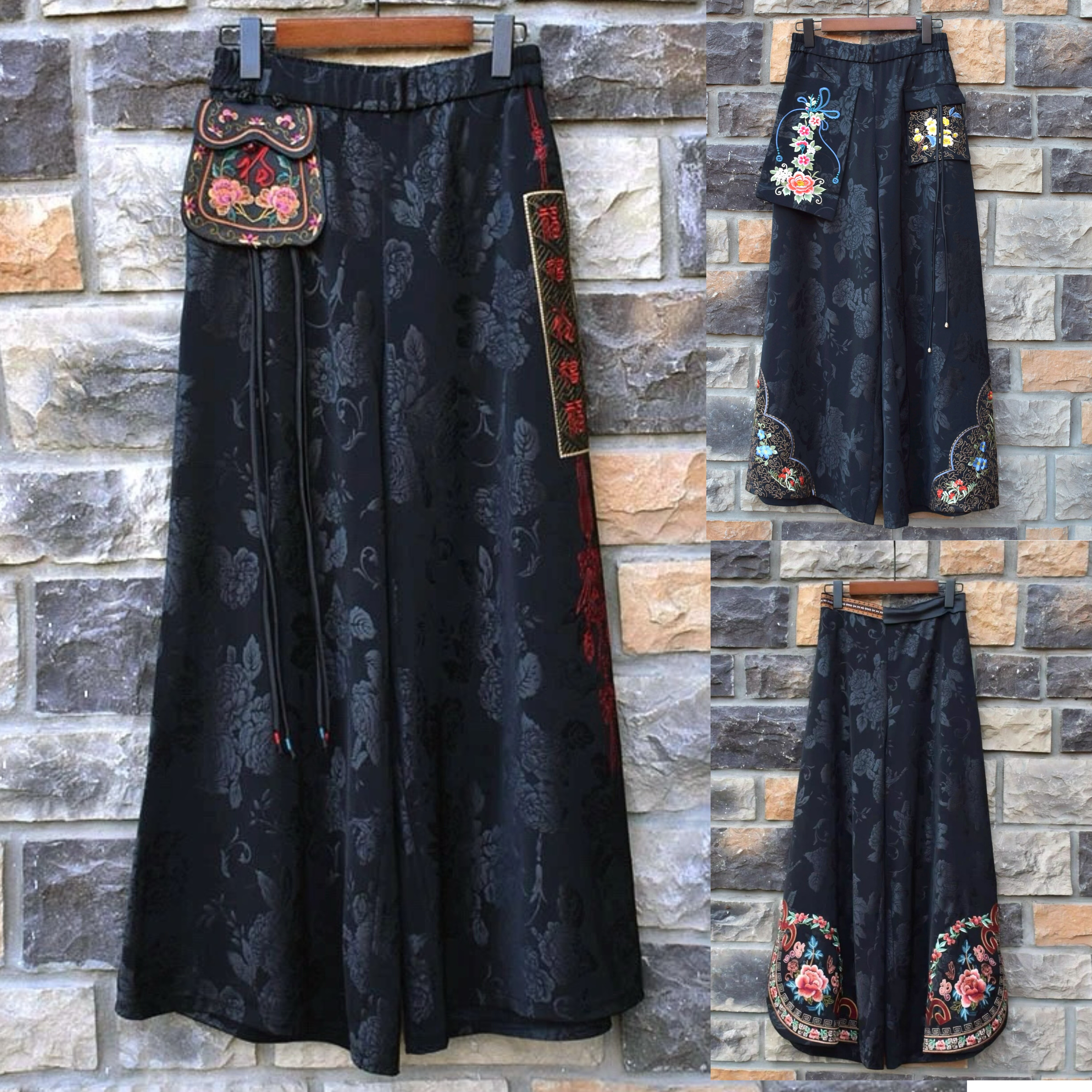 2025春新款烫花缎面重工刺绣花带荷包口袋福字阔腿裤民族风女裤