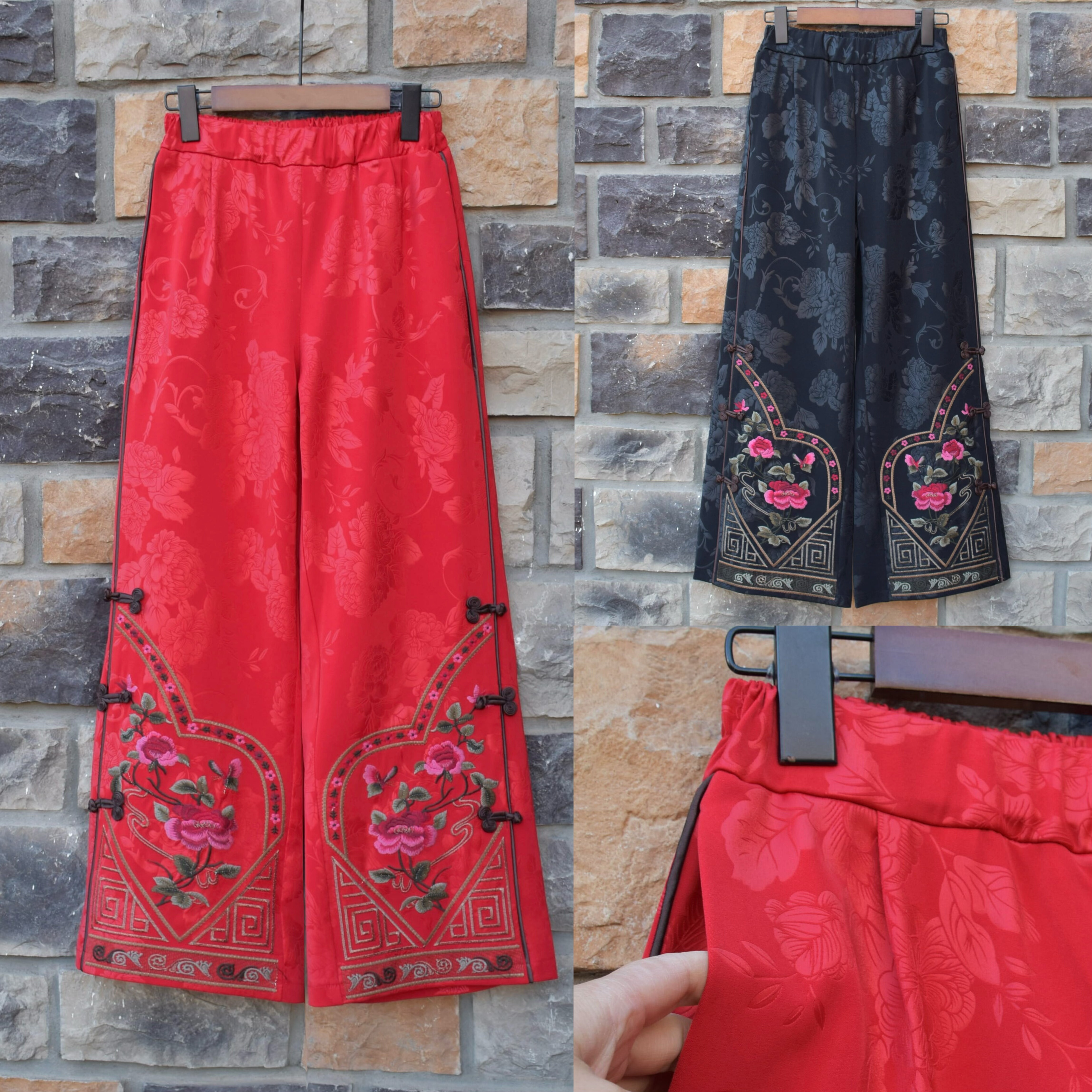 2026春款新款缎面国风刺绣花阔腿裤中式松紧腰妈妈窄版阔腿裤女裤