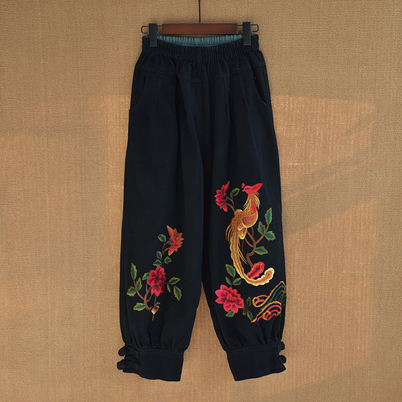 大码灯笼裤纯棉牛仔裤2023新款秋冬民族风刺绣花裤子松紧腰灯笼裤