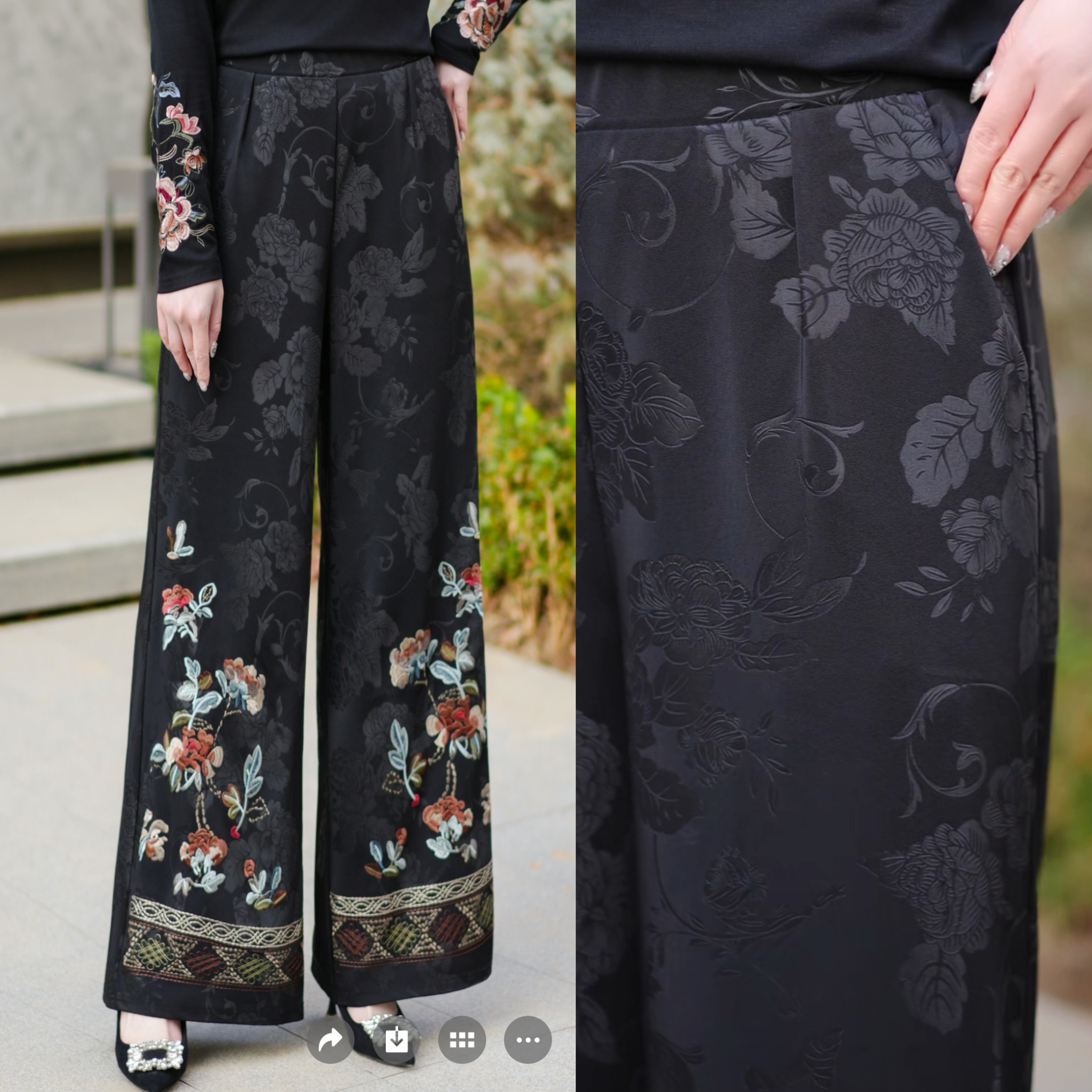 2026春季新款新中式阔腿裤子女裤妈妈装刺绣花松紧腰阔腿裤女裤