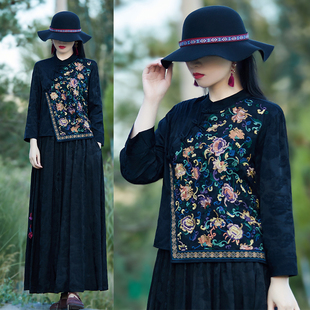 春夏新款满绣立领斜门襟盘口立领盘扣小众衬衫中袖民族风上衣女