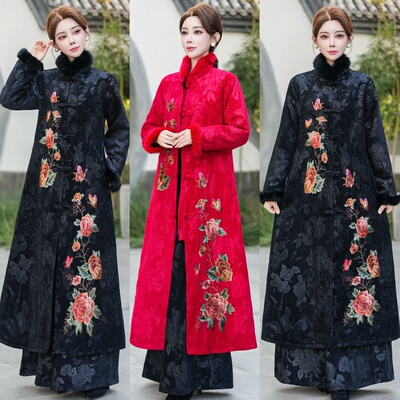2025秋冬款刺绣花长款女式棉衣民族风妈妈装加棉长袖中式气质棉袄
