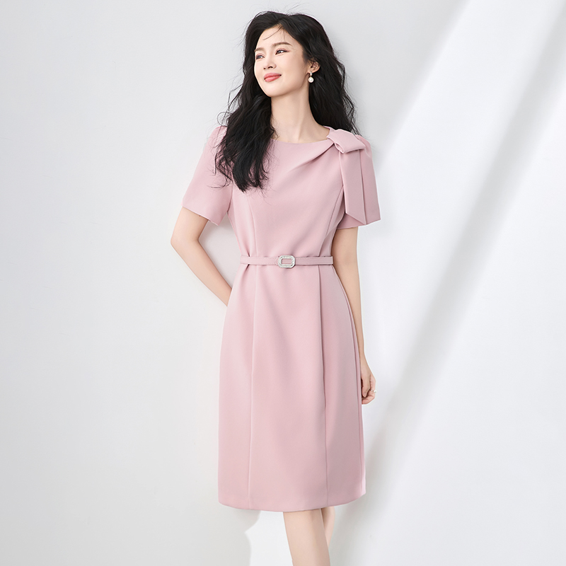 RMO&JUL设计感蝴蝶结装饰立体裁减纯色收腰礼服连衣裙罗家女装夏