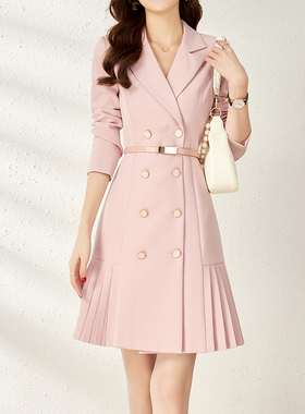 RMO&JUL通勤OL西装领双排扣高腰百褶摆连衣裙2022秋季新款女装罗