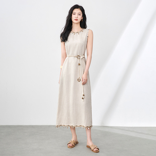 RMO&JUL波西米亚手工吊坠流苏圆领亚麻天丝背心长连衣裙罗家女装