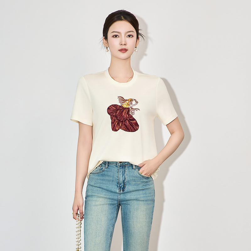 RMO&JUL设计感立体亮片刺绣弹力丝光棉短袖T恤时尚休闲上衣罗家女