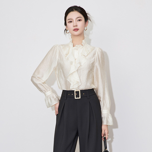 RMO&JUL复古宫廷风木耳荷叶花边醋酸绉衬衫喇叭长袖上衣罗家女装