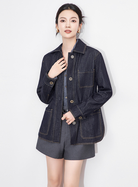复古蓝色翻领中长休闲牛仔外套抽绳收腰阔型显瘦上衣罗家秋季女装
