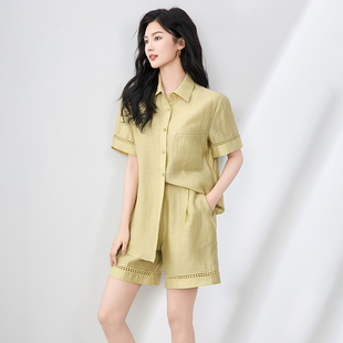 RMO&JUL轻薄透气天丝亚麻短袖衬衫上衣+休闲A字短裤两件套罗家女
