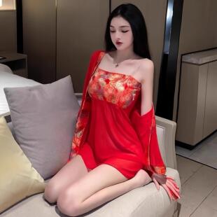 性感低胸吊带肚兜抹胸套装轻奢小众古风大码网纱套装诱惑睡裙火辣