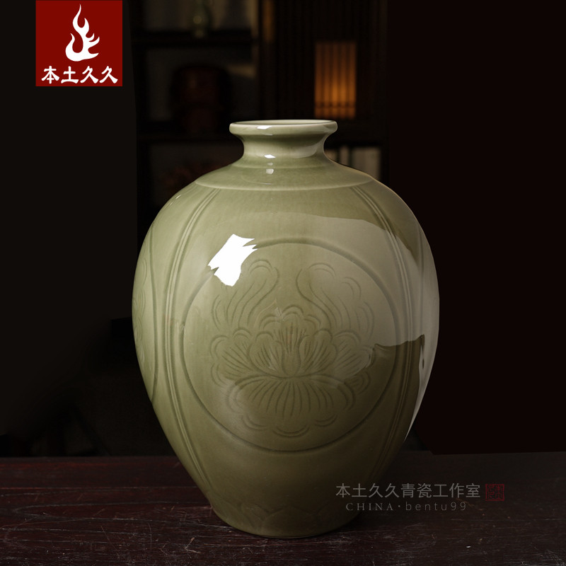 陈先明龙窑柴烧花瓶 龙泉青瓷陶瓷居家装饰摆件插花器 富贵牡丹瓶