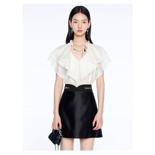 曼娅奴2023年夏装新款甜美荷叶边新款V领小众上衣衬衫女MN24AE618
