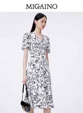 Migaino曼娅奴印花连衣裙女2024春夏新款气质高级A字裙MO12DA114