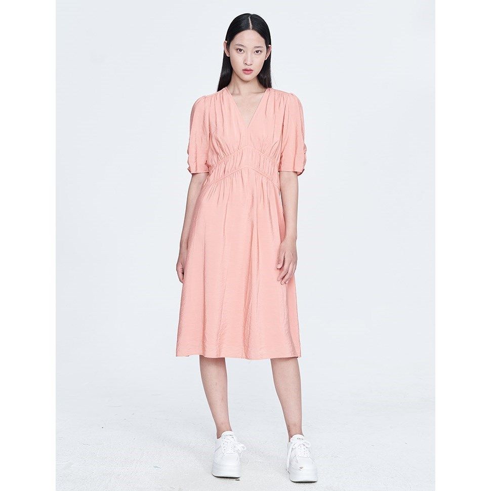 曼娅奴2023年新款专柜正品春装修身显瘦V领气质女连衣裙MN12DB505