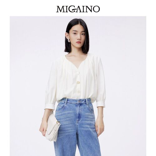 Migaino曼娅奴气质衬衫女2024春夏新款法式V领上衣MO12AC037