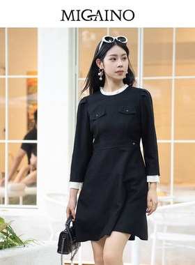 曼娅奴2024年秋季新款赫本风黑白撞色轻奢通勤连衣裙女MO34DC615