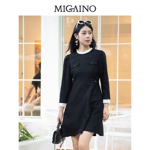 曼婭奴2024年秋季 赫本風黑白撞色輕奢通勤連衣裙女MO34DC615 新款