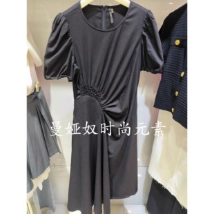 曼娅奴2023年新款夏款圆领修身褶皱显瘦连衣裙女士MN21DA065