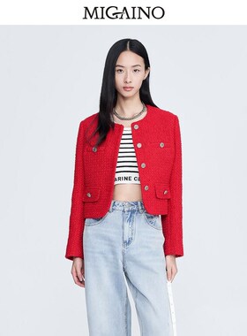 曼娅奴女装红色外套新款气质花呢小香风优雅百搭上衣MN12SC049