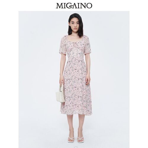 Migaino曼娅奴优雅连衣裙女2023年夏季新款方领印花裙子MN22DA102