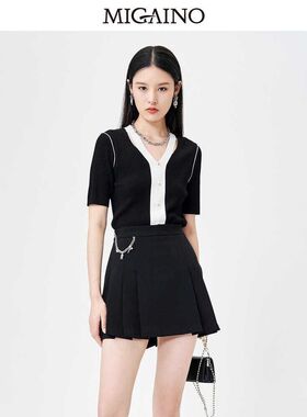 曼娅奴女装针织衫女2023早秋新款V领修身拼色短袖上衣MN34KW604