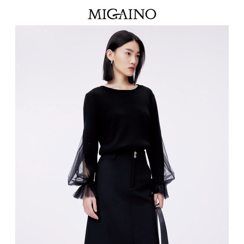 Migaino曼娅奴蕾丝针织衫女2024早春新款网纱拼接毛衫MO12KW210