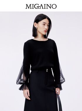 Migaino曼娅奴蕾丝针织衫女2024早春新款网纱拼接毛衫MO12KW210