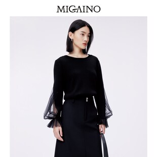 Migaino曼娅奴蕾丝针织衫女2024早春新款网纱拼接毛衫MO12KW210