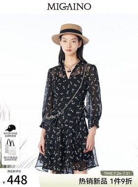 曼娅奴碎花连衣裙女2023春夏新款V领收腰雪纺茶歇裙短裙MN14DC615