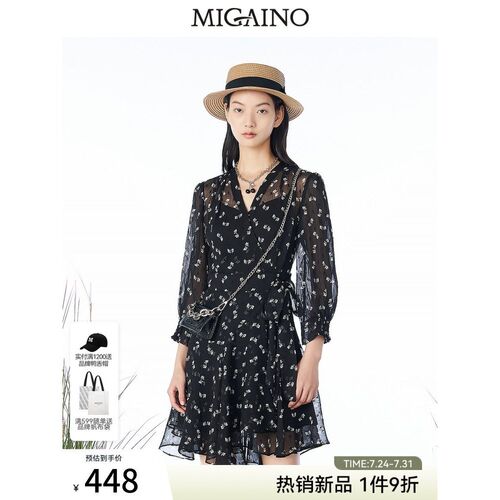 曼娅奴碎花连衣裙女2023春夏新款V领收腰雪纺茶歇裙短裙MN14DC615