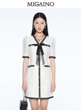 曼娅奴连衣裙优雅名媛小香风简约蝴蝶结V领收腰短裙女MN24DA698