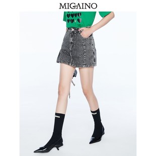 Migaino曼娅奴牛仔短裤女2023夏新款设计感高腰开叉裙裤MN24NA605