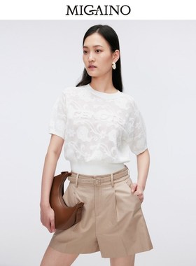 Migaino曼娅奴女装2024夏季新款圆领短袖白色针织衫上衣MO22KW266